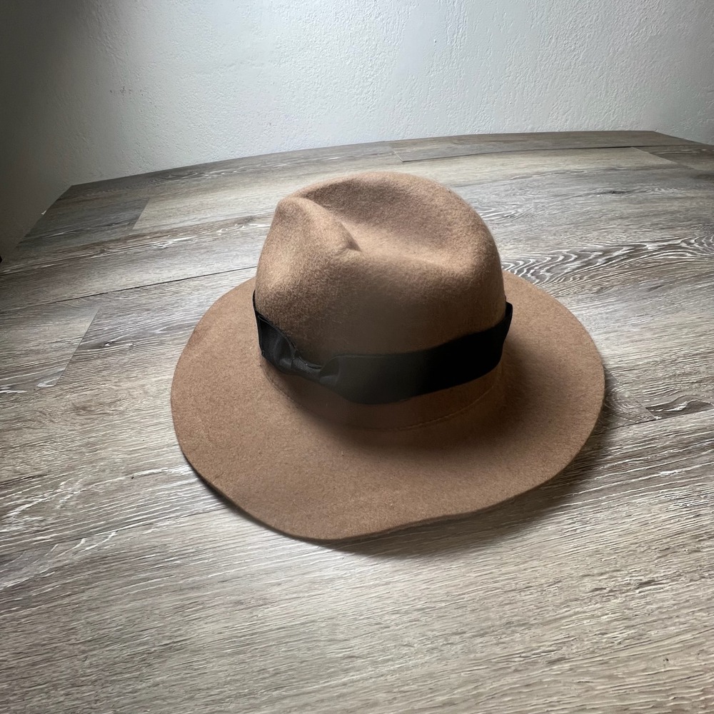 1950s mapper Fedora Hat Women One Size Camel Tan Wool Felt Wide Brim Map Lining